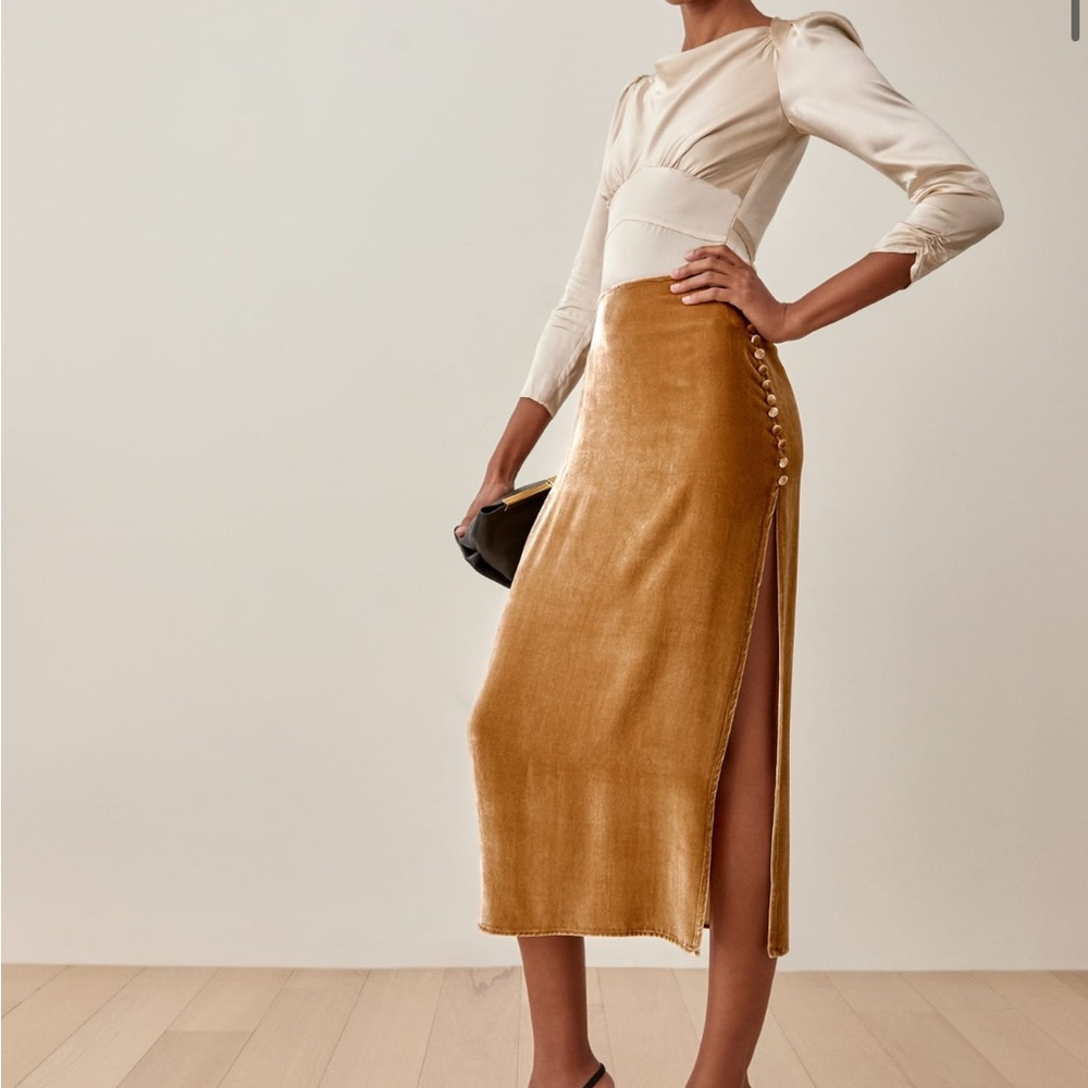 Reformation Gold Velvet Midi Skirt with Side Buttons